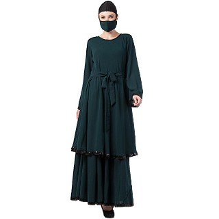 Duel layered Designer abaya with sequence work- Bottle Green